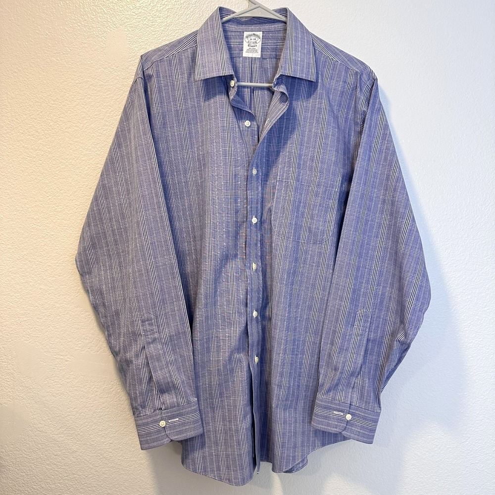 Brooks Brothers Mens 16-34 Classic Dress Shirt Blue Plaid‎ Non Iron Cotton